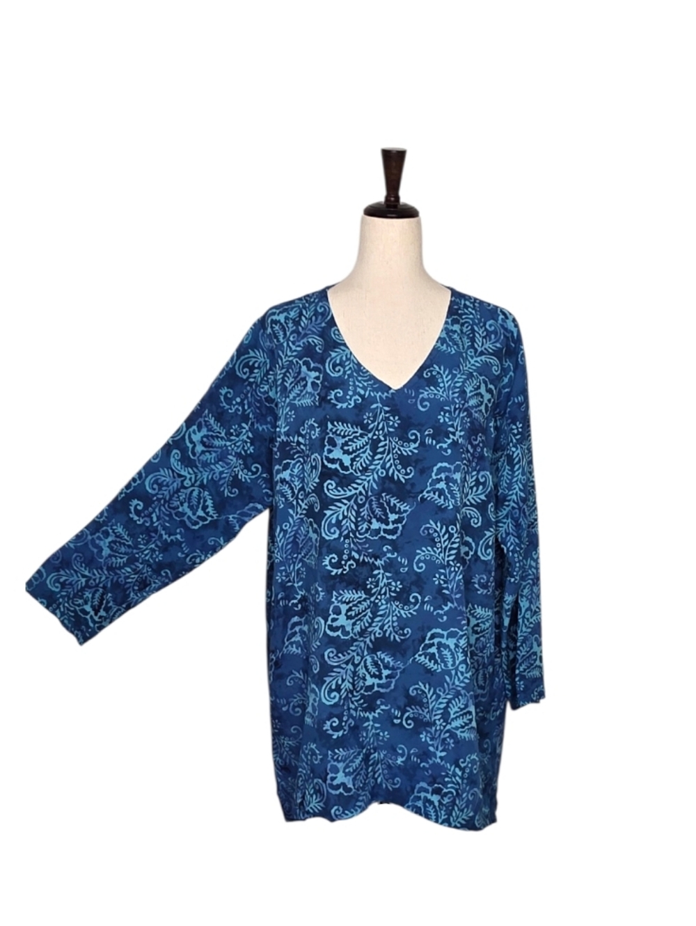 Soft Surroundings Teal Vine Print V-neck Long Sleeve Tunic - Picture 2 of 7